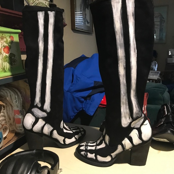Shoes - Custom Painted Gothy Witchy Skeleton Thigh-high Boots